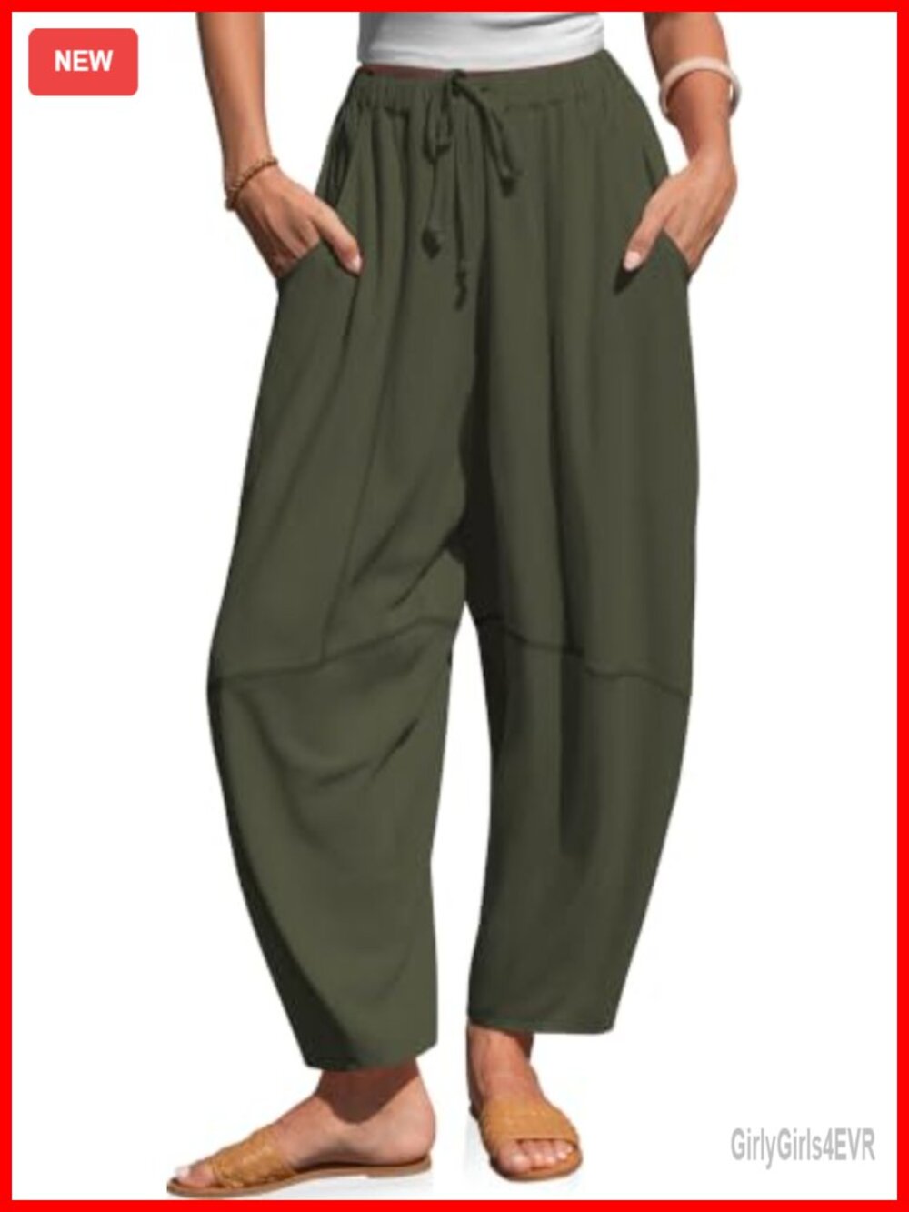 Womens Linen Blend Barrel Pants Baggy Wide Leg Lounge Pants with Pockets